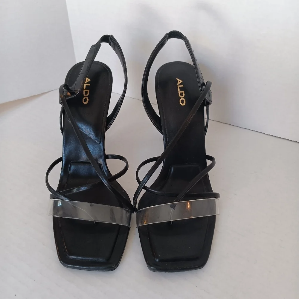Aldo Sandals Women's Size 8 Juliet Heeled Black Straps Clear Toe Band Square Toe - Picture 11 of 12